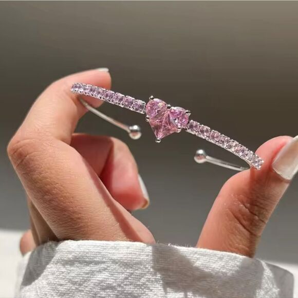 Silver Rhinestone Pink Heart Bangle Bracelet - Picture 3 of 5